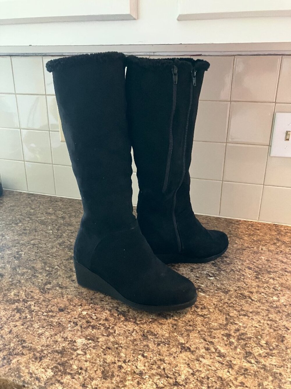 Aerosoles Knee High Wedge Boots, size 7W, one in Black and one in tobacco
